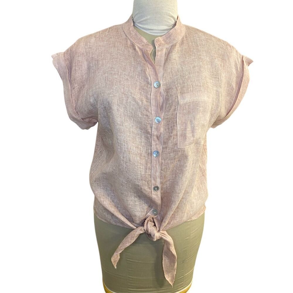 Scandal 100% Linen Blouse Tie Waist Short Sleeve Sz. M Made in Italy Lt. Pink